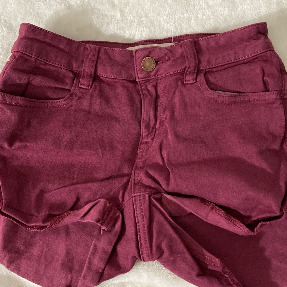 green, pink, & maroon jean shorts